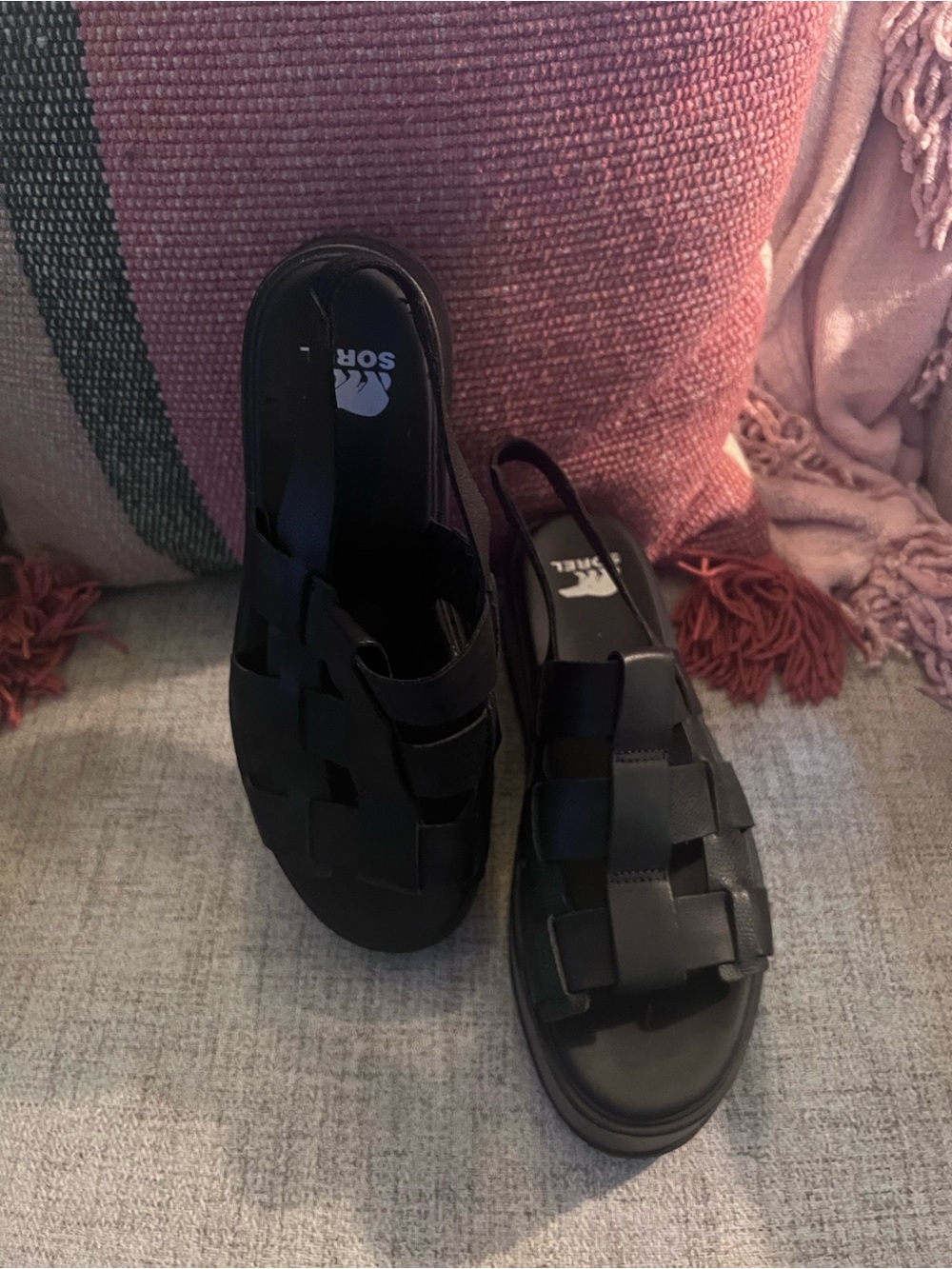 Sorel Black Woven Leather Slide Sandals
